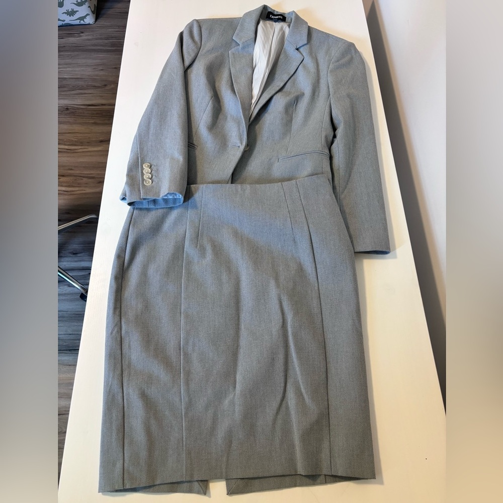 Express Blue Grey Skirt Suit with Matching Blazer and Skirt